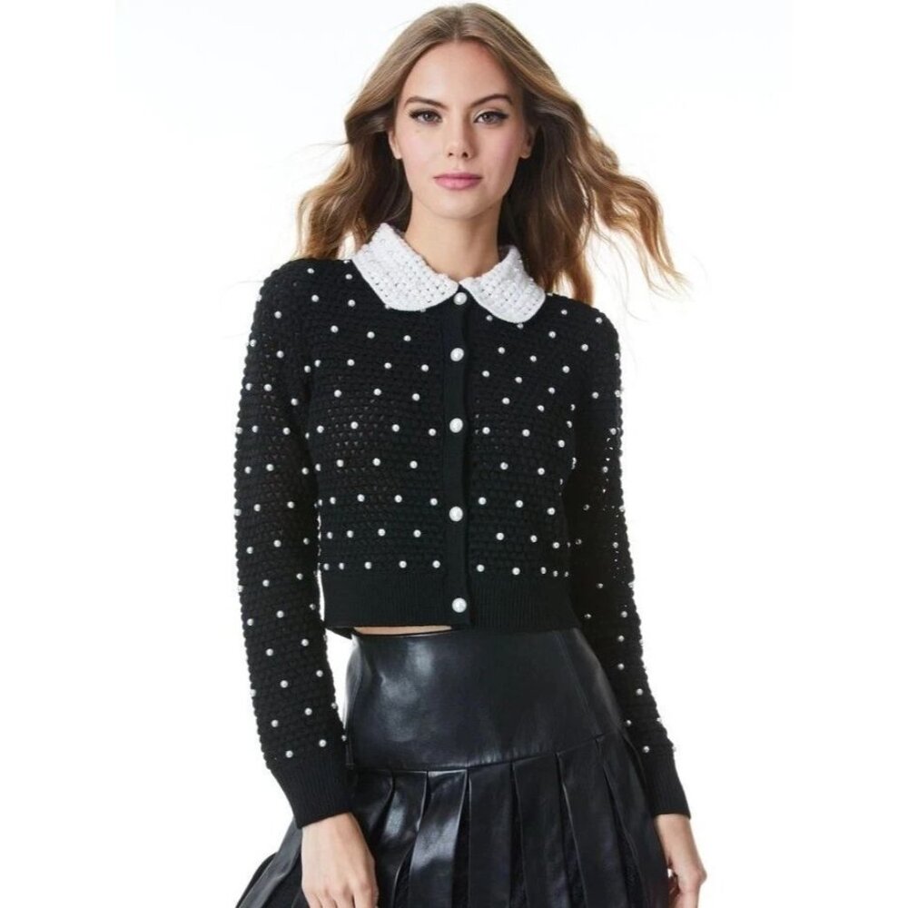 Alice + Olivia Collins Pearl Embellished Crochet Wool Black Cardigan XS NWT $595